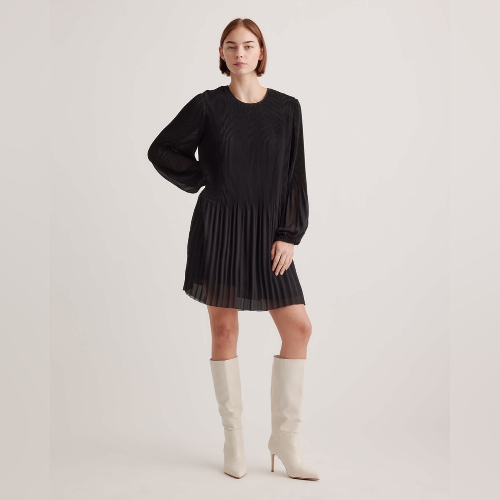 Quince Chiffon Pleated Long Sleeve Mini Dress in Black Size Small